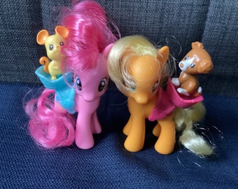 Retired Adorable My Little Pony MLP Apple Jack and Pinkie Pie with Saddles and Animal Friends, Mouse and Dog