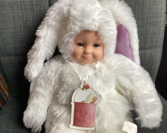 Vintage Anne Geddes Baby White Bunny Rabbit 14 inch Bean Bag Feet Stuffed Plush, Easter