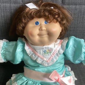 Vintage Xavier Roberts 1980s Coleco Cabbage Patch Girl Doll, Auburn Cornsilk Hair, Blue Eyes, Original Blue Party Dress, Tights, Shoes