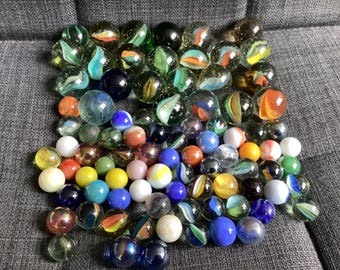 Vintage Collection of Glass Marbles, Various Sizes and Styles, Cat’s Eye, Metallic, Solid