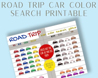 Può includere: Gioco di ricerca del colore delle auto per viaggi su strada stampabile per bambini. Il gioco presenta una griglia di auto colorate in rosso, blu, verde, giallo, nero, argento, bianco e marrone. I giocatori cancellano le auto man mano che le vedono.