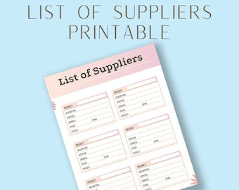 List of Suppliers Printable | Supplier Directory | Business Organizer | Supplier Contacts List | Supplier Tracker | Vendor Management List