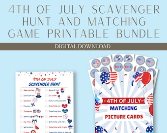 4th of July Games Bundle | 4th of July Scavenger Hunt | July 4th Matching Picture Cards | Fourth of July Patriotic Games Printable for Kids
