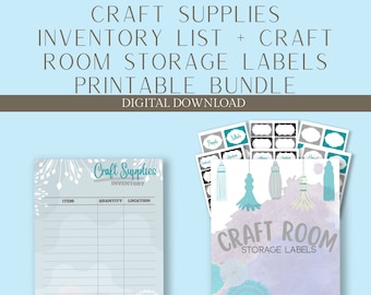 May include: A printable bundle featuring a craft supplies inventory list and craft room storage labels. The inventory list is light blue with a snowflake design. The storage labels have a watercolor background and decorative tassels. The text "Craft Supplies" and "Craft Room Storage Labels" are visible.