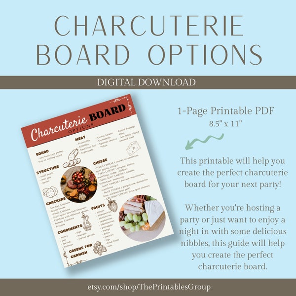 Guide des planches de charcuterie imprimable, Comment fabriquer votre propre planche de charcuterie, liste des planches de charcuterie et options de mise en page PDF à téléchargement immédiat