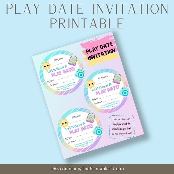 Play Date Invitation Printable | Rainbow Pastel Play Date Cards | Kids Playdate Cards | Children's Playdate Care Business Card Template