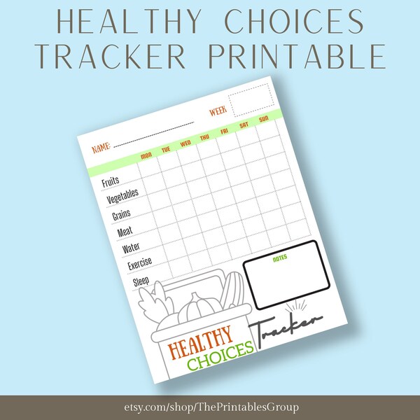 Healthy Choices Tracker | Healthy Eating Chart Printable | Food, Water, Exercise, Sleep Tracker | Healthy Lifestyle Choices Weekly Checklist
