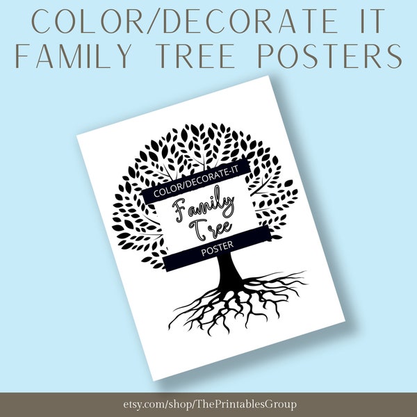 Family Tree Poster Printable | Genealogy Chart Coloring Pages | Ancestry Family Tree Template | Decorate Your Own | Descendant Chart