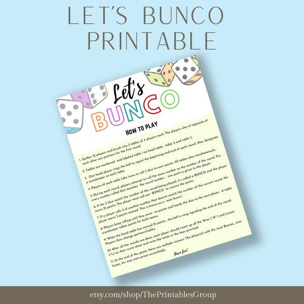 Let's Bunco Game Printable | Dice Party Game for Family and Friends | Bunco Score Card, Bunco Tally Sheet, Bunco Instructions, Bunco Dice