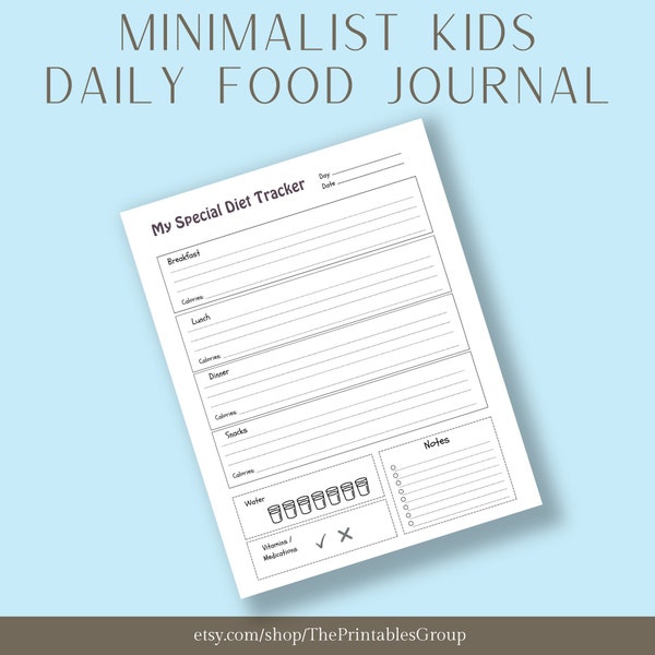 Minimalist Kids Daily Food Journal Printable, Kids Daily Special Diet Tracker, Food Diary Kids, Daily Nutrition Log, Printable Meal Planner