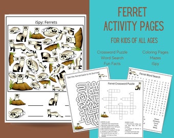 Frettchen Aktivität Blätter Printable | Spaß Kinder Aktivitätskit | Frettchen Kreuzworträtsel Wortsuche Fun Facts Malvorlagen Labyrinthe iSpy Arbeitsblatt