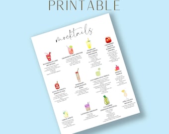 Mocktail Recipes Printable | Cocktail Alternatives Recipe Instructions | Non-Alcoholic Beverage Guide | Party Drink Ideas | Bar Art Decor