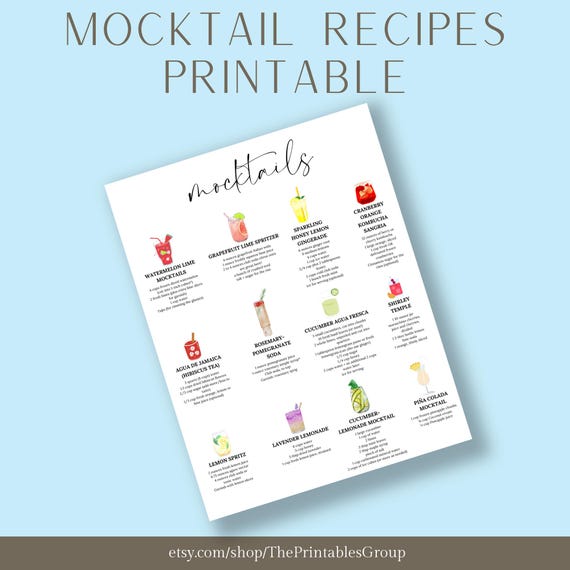 Mocktail Recipe Printable, 12 Alcohol Free Drinks, Party Bar Menu Ideas