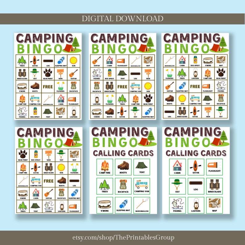 Camping Bingo Game Printable Camping Trip Bingo Camping Party Game ...
