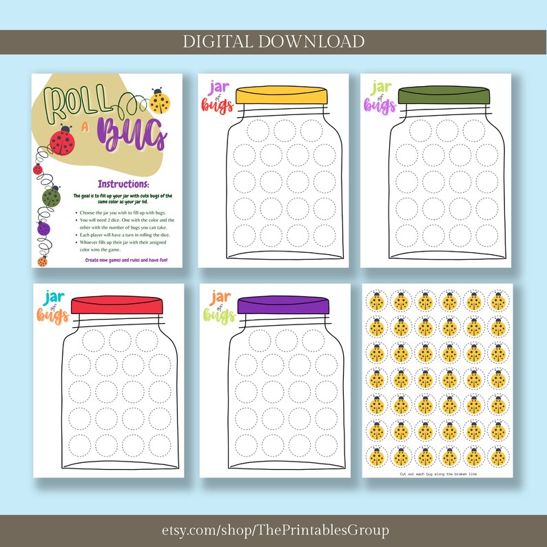 Roll A Bug Printable Game Interactive Dice Game Color Games for Kids