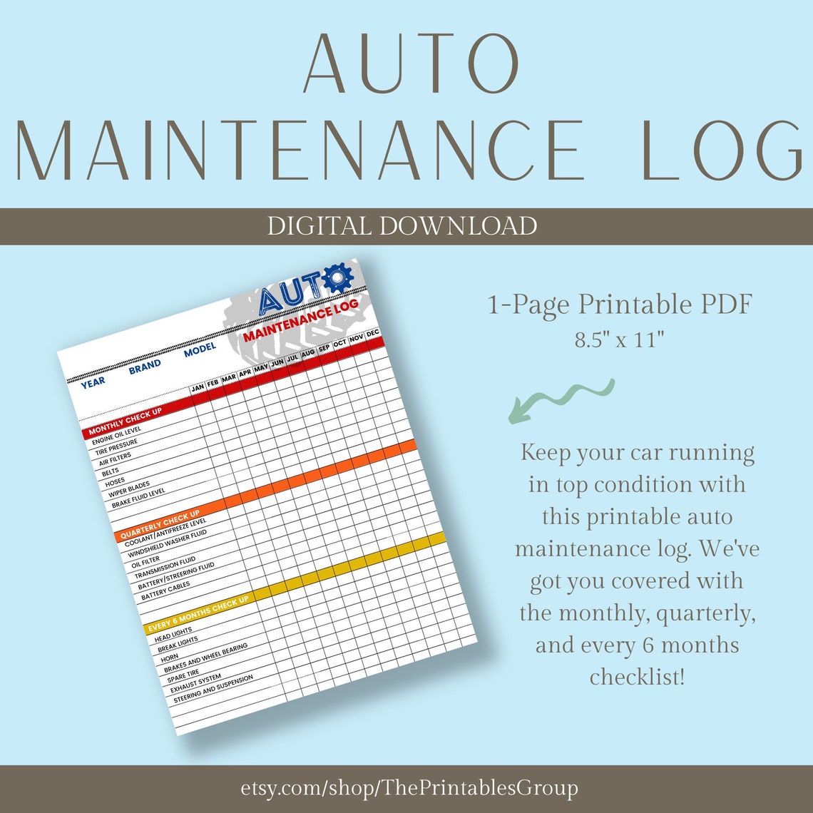 Auto Maintenance Log Printable, Vehicle Maintenance Log PDF, Car