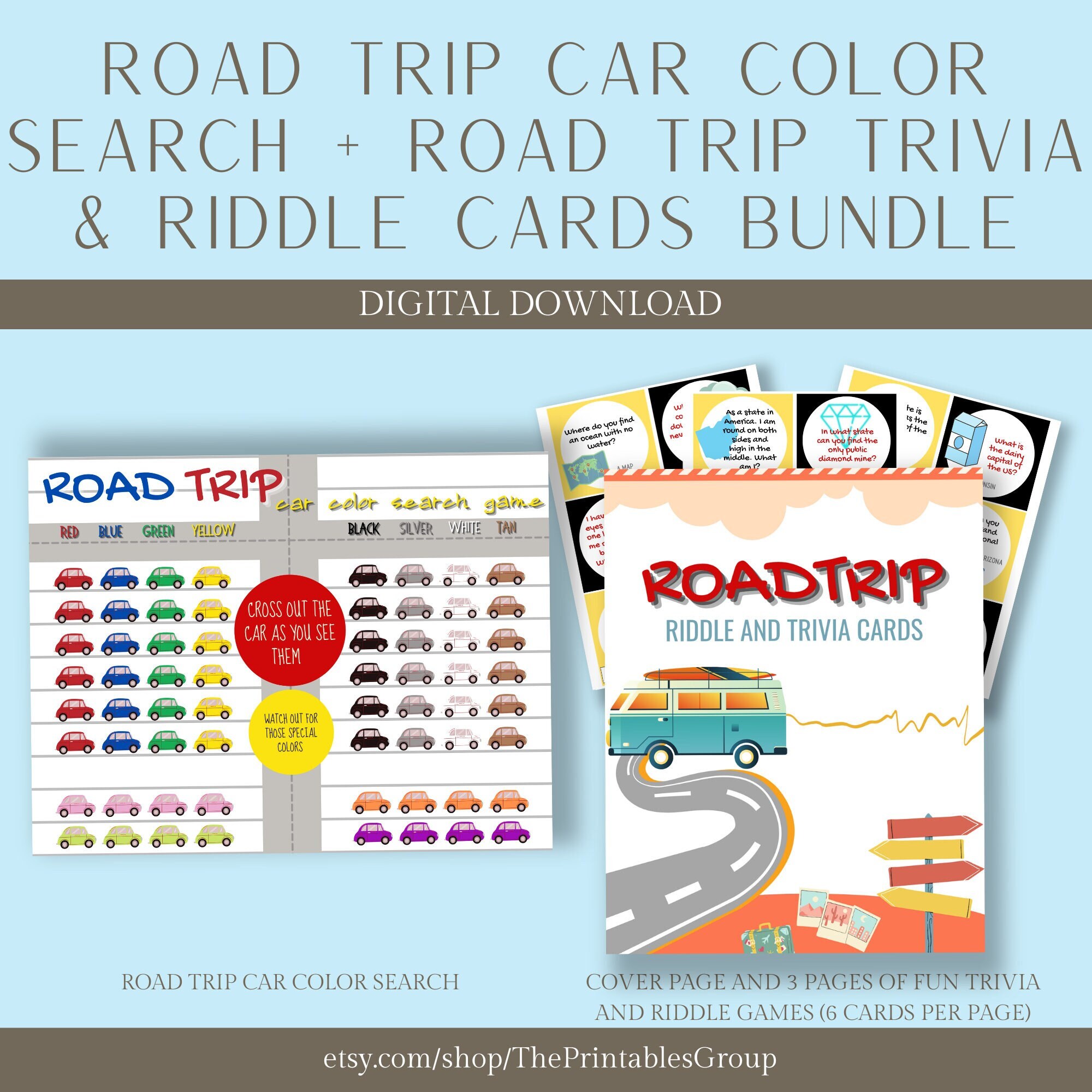 Road Trip Printable Games Bundle | Road Trip Car Color Search and Road Trip Trivia &amp; Riddle ...