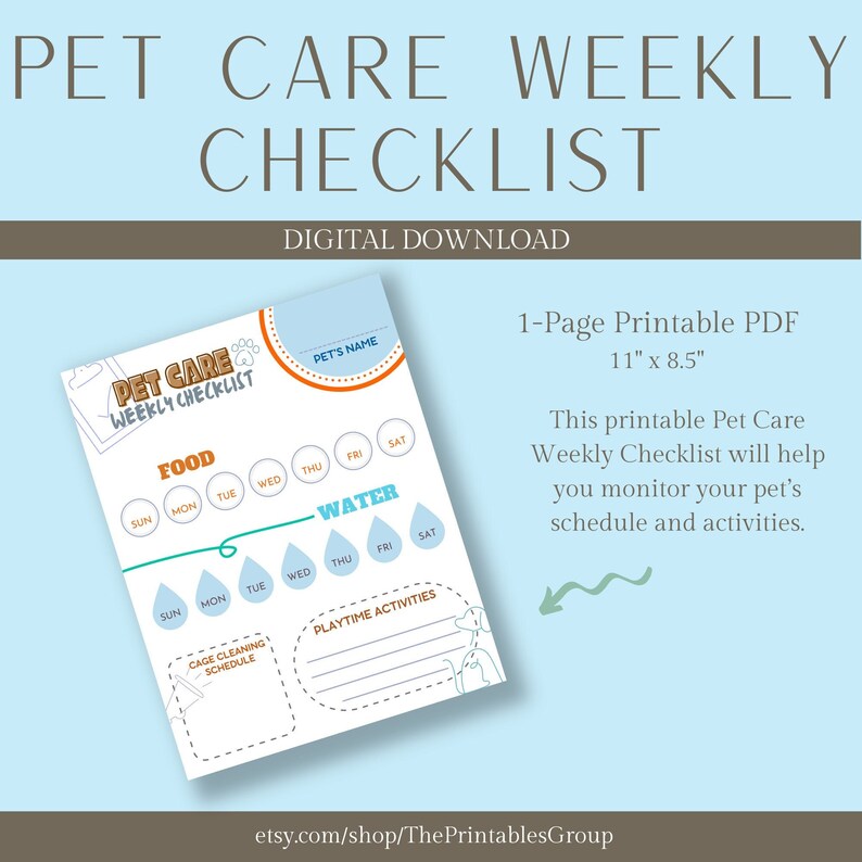 Pet Care Weekly Checklist Printable Animal Grooming Schedule Etsy