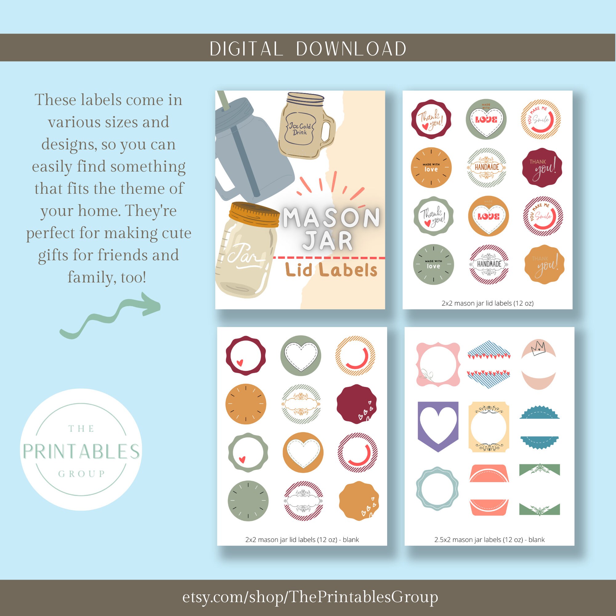 Mason Jar Lid Labels, Homemade Product Label for Mason Jar, Printable