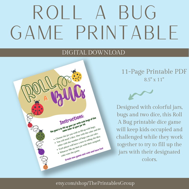 Roll A Bug Printable Game Interactive Dice Game Color Games for Kids