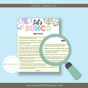 May include: Printable game instructions for a dice game called "Let's Bunco". The instructions are written in a colorful, playful font and include illustrations of dice. The game is for 12 players and involves rolling dice to match the number of the round. The player who rolls three of a kind wins the round.