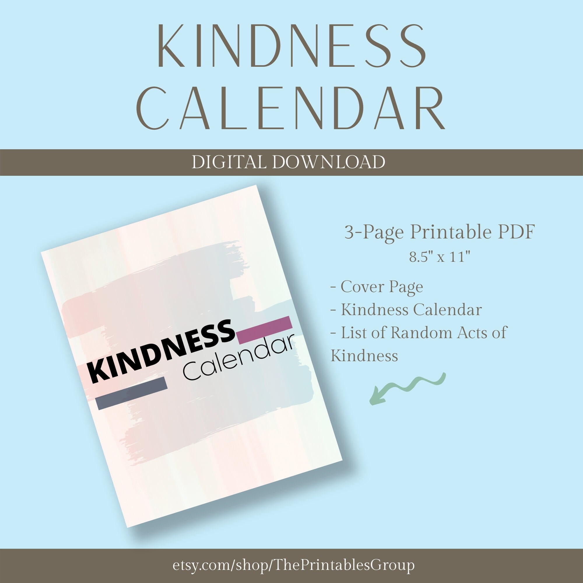 Kindness Calendar Printable, Random Acts of Kindness List, Gratitude ...