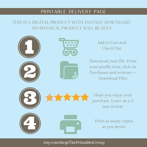 Blue instruction panel with four numbered icons explaining printing and download steps for the mocktail menu printable