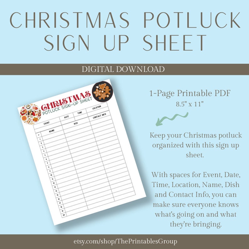 Christmas Potluck Sign up Sheet Printable Family Friends Etsy