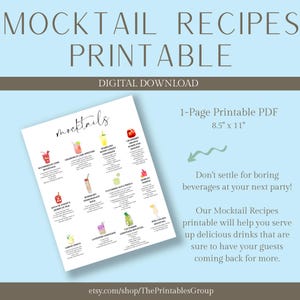 Two overlapping printable mocktail recipes sheets, clean minimalist layout with bright fruit graphics, digital recipe download