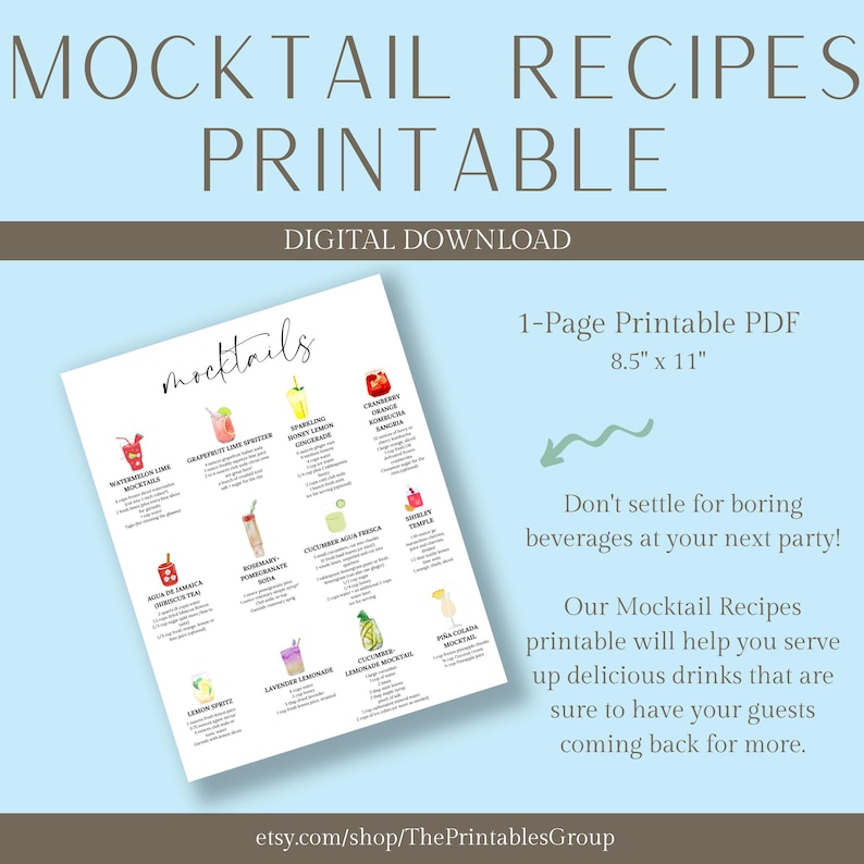 Two overlapping printable mocktail recipes sheets, clean minimalist layout with bright fruit graphics, digital recipe download