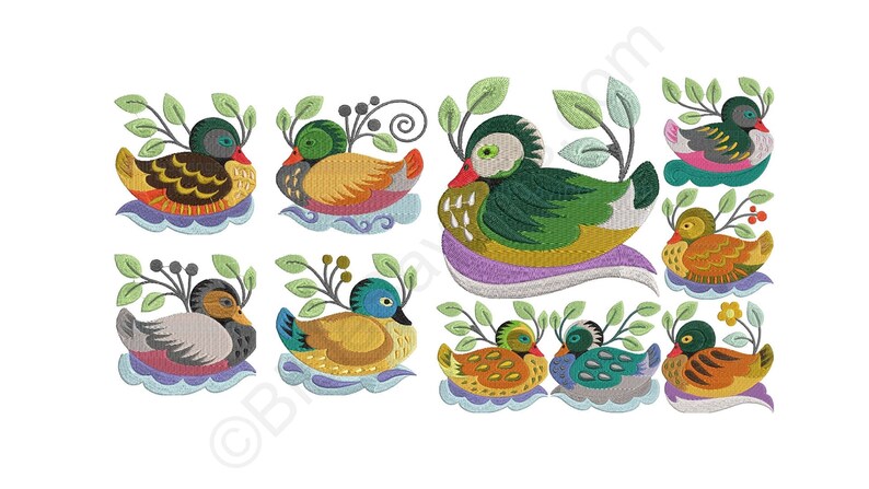 Jacobean Ducks Embroidery Designs, Set of 10 Ducks Embroidery Designs ...