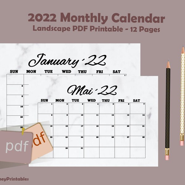 2022 Monthly Calendar Landscape, Printable Calendar 12 Month Calendar, Minimalist Calendar Templet