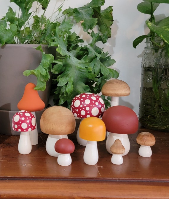 Hand Painted Wooden Mushroom Set, 'fly Agaric' Woodland Decor