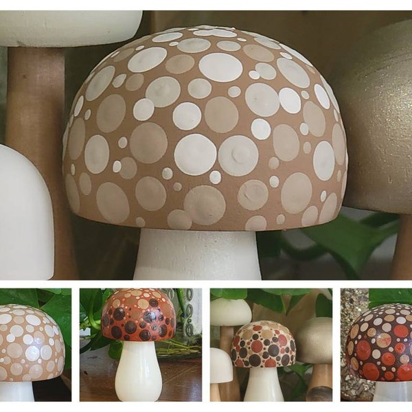 Individual Hand Painted Wooden Mushrooms; Mushroom  planter stick, Tiered Tray Decor, Woodland Nursery Decor, Montessori, Spotted Mushrooms