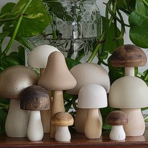 Natural Neutral Set Hand Painted Wooden Mushrooms planter stick, Shelf Sitter, Tiered Tray Decor, Woodland Nursery Decor, Modern Farmhouse image 1