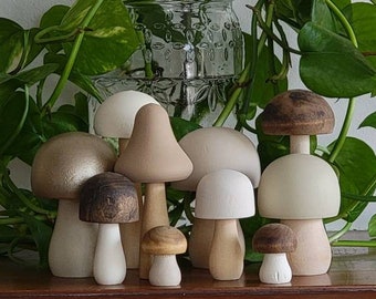 Natural Neutral Set Hand Painted Wooden Mushrooms; planter stick, Shelf Sitter, Tiered Tray Decor, Woodland Nursery Decor, Modern Farmhouse