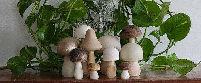 Natural Neutral Set Hand Painted Wooden Mushrooms planter stick, Shelf Sitter, Tiered Tray Decor, Woodland Nursery Decor, Modern Farmhouse image 1