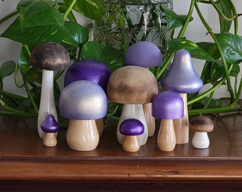 Zestaw drewnianych grzybów malowanych ręcznie, „Purple Flash”, wystrój leśny, dekoracja na baby shower, wystrój pokoju dziecięcego, wnętrze domku