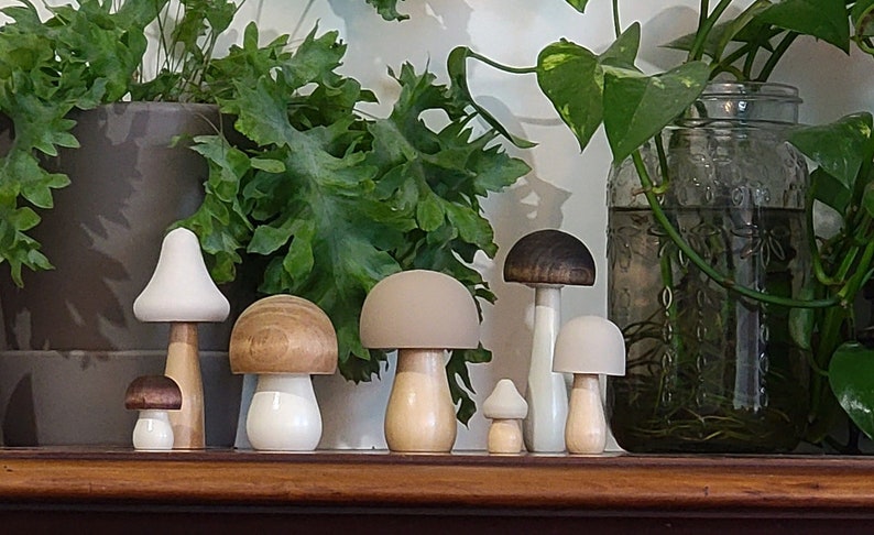 Natural Neutral Set Hand Painted Wooden Mushrooms planter stick, Shelf Sitter, Tiered Tray Decor, Woodland Nursery Decor, Modern Farmhouse image 8