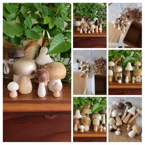 Natural Neutral Set Hand Painted Wooden Mushrooms planter stick, Shelf Sitter, Tiered Tray Decor, Woodland Nursery Decor, Modern Farmhouse image 6