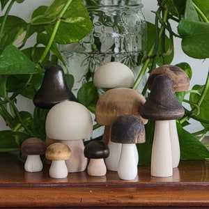 Dark Neutral Hand Painted Wooden Mushrooms; planter sticks, Shelf Decor, Tiered Tray Decor, Nursery Decor, Modern Farmhouse Decor