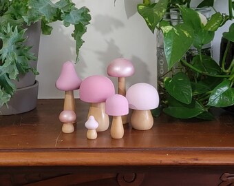 Hand Painted 'Rose Pink'  Wooden Mushroom Set, cottage core, Woodland Decor