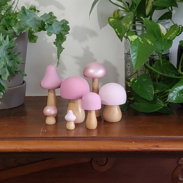 Rose Pink Set, Hand Painted Wooden Mushrooms; planter sticks, Mushroom Shelf Decor, Tiered Tray Decor, Woodland Nursery Decor, Montessori