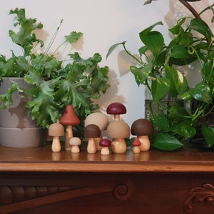 Harvest Table Set, Hand Painted Wooden Mushrooms; planter sticks, Mushroom Shelf Decor, Tiered Tray Decor, Woodland Nursery Decor
