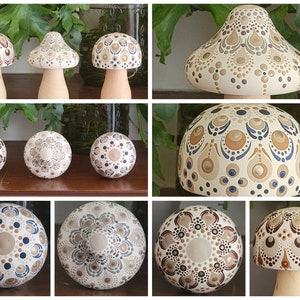 Mandala Elegant Ivory Individual Hand Painted Wooden Mushrooms; Mushroom Decor, Tiered Tray Decor, Nursery Decor, Spotted Mushrooms