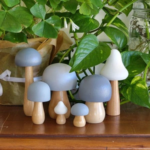Può includere: Un set di sette figurine di funghi in legno, dipinte in tonalità di grigio e bianco. I funghi sono disposti in fila su una superficie di legno.