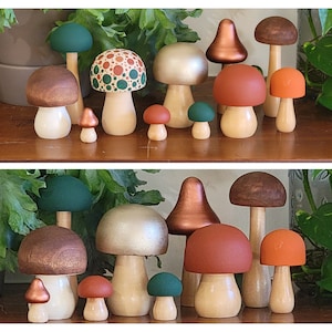Herbstwald-Set, handbemalte Holzpilze; Pflanzstäbe, Pilz Regal Dekor, Tiered Tablett Dekor, Wald Kinderzimmer Dekor