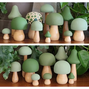 Mossy Green Set, Hand Painted Wooden Mushrooms; planter sticks, Mushroom Shelf Decor, Tiered Tray Decor, Woodland Nursery Decor