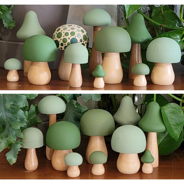 Mossy Green Set, Hand Painted Wooden Mushrooms; planter sticks, Mushroom Shelf Decor, Tiered Tray Decor, Woodland Nursery Decor