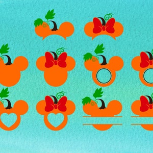 May include: Orange pumpkin-shaped designs with green leaves and stems. Some have a red bow, and some have a Mickey Mouse head shape. The designs are for fall or Halloween-themed crafts.